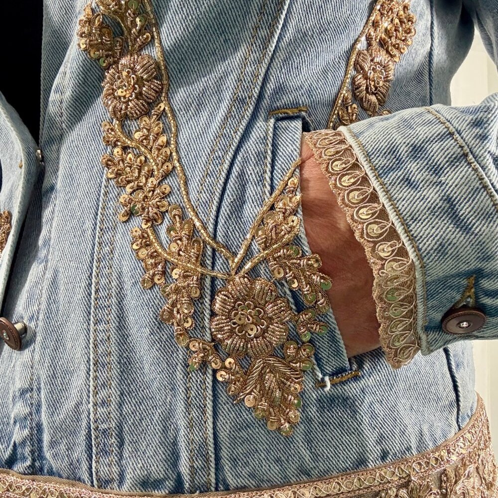 Denim Jacket Hand Embellished with appliqué, sequins, beads and embroidery - Picture 15 of 17